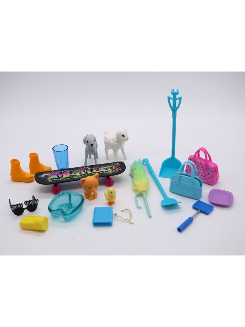 Mattel Barbie Accessory Lot - Animals, Shoes, Sunglasses, Purses, Skateboard